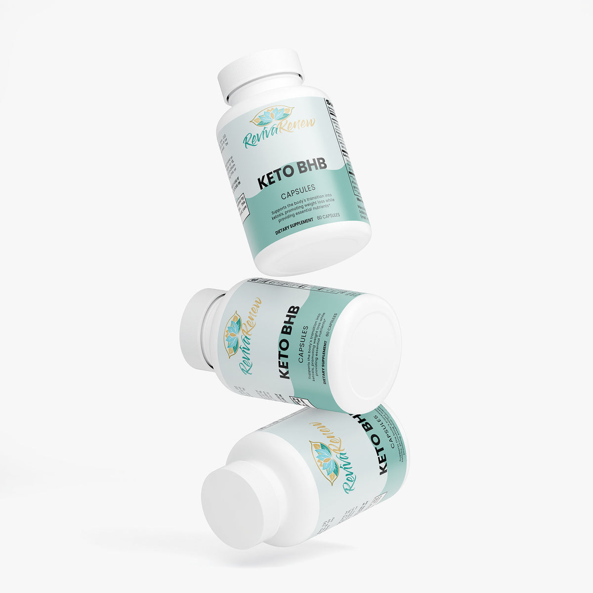 Three bottles of Keto BHB capsules on a white background