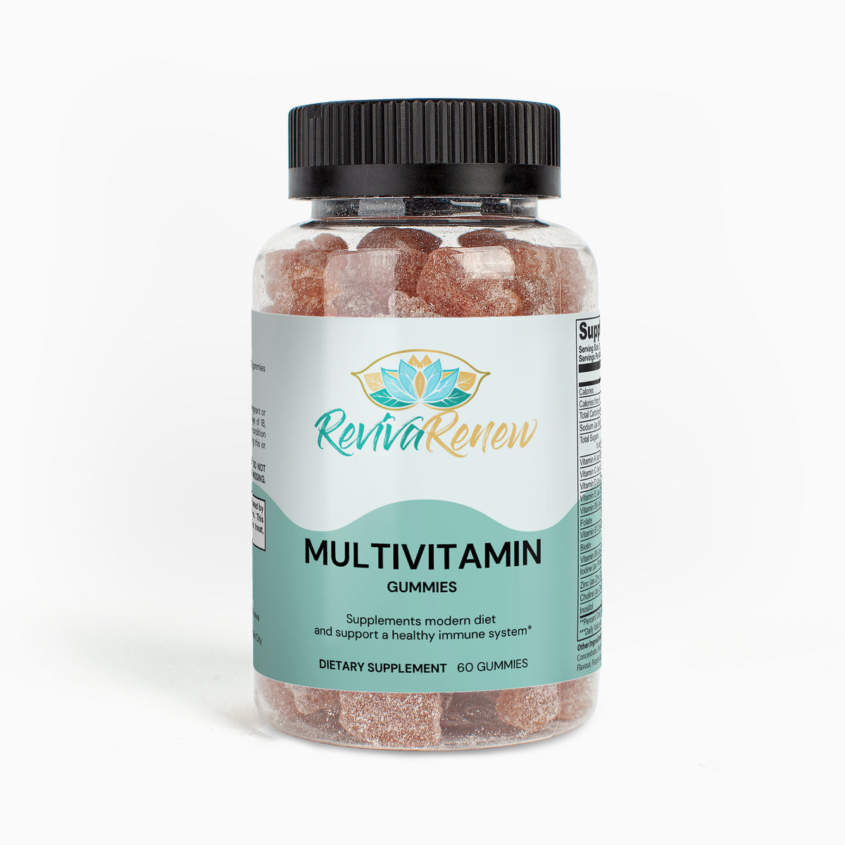 Multivitamin gummies in a jar with Reviva Renew label on a white background