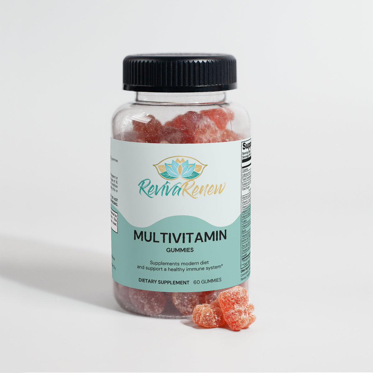 Bottle of Reviva Renew multivitamin gummies on a white background
