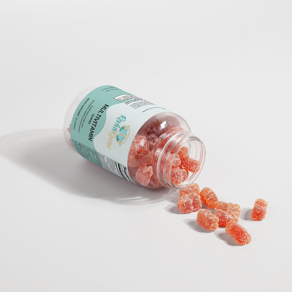 Jar of gummy bears with a visible brand label on a light background