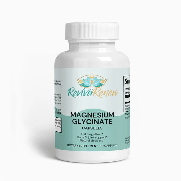 Supplement bottle labeled 'Reviva Review Magnesium Glycinate' on a white background