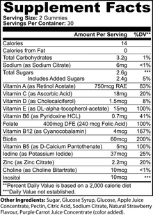 Nutritional label for a supplement with various vitamins and minerals listed.
