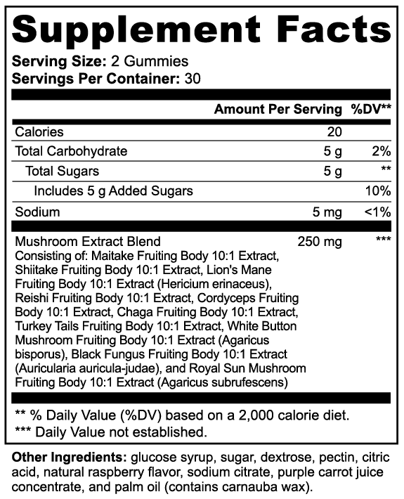 Mushroom Extract Complex Gummies – 10 Mushroom Blend for Energy, Focus & Wellness | Raspberry Flavor