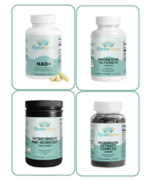 Four supplement bottles with labels on a white background