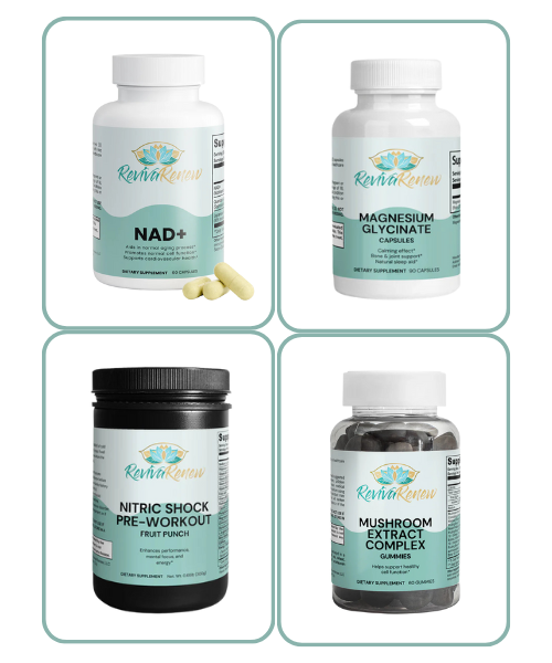 Four supplement bottles with labels on a white background
