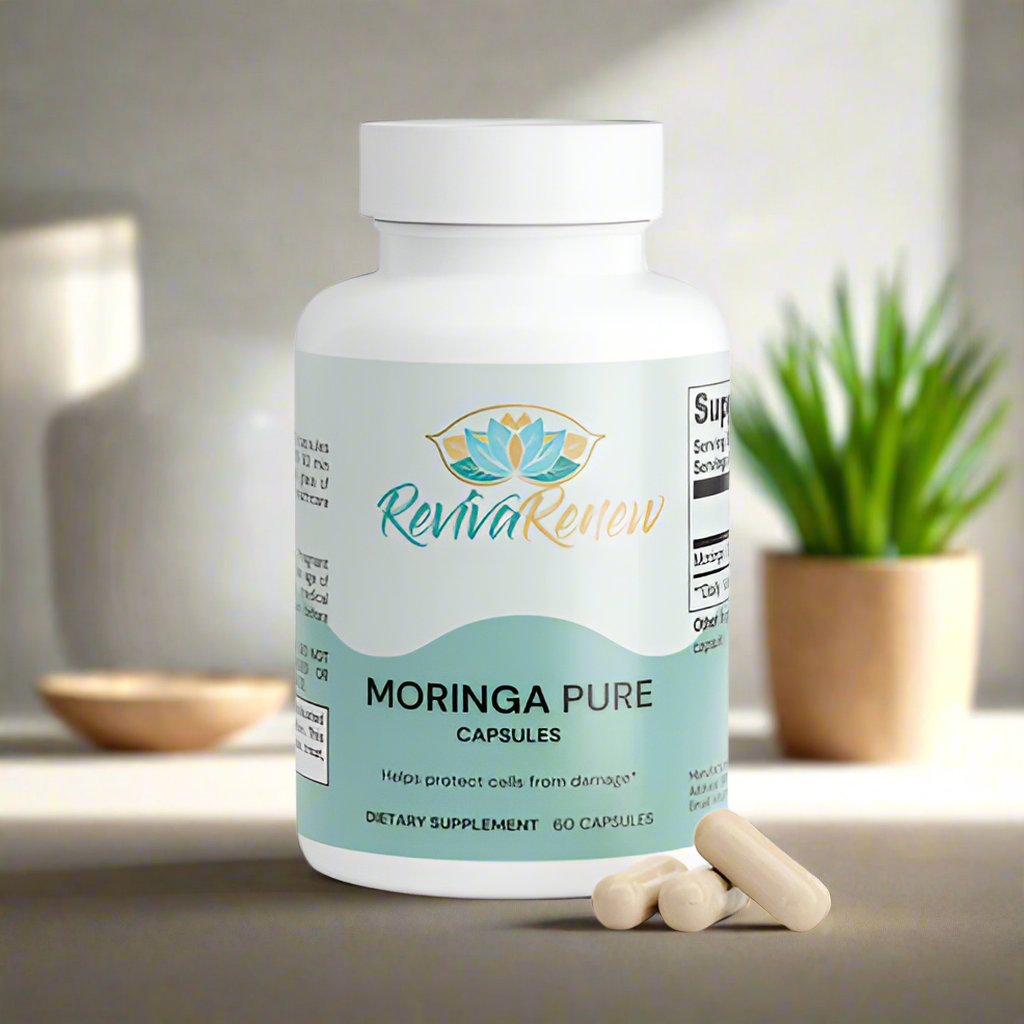 Supplement bottle labeled 'Moringa Pure' by Reviva Review on a white background