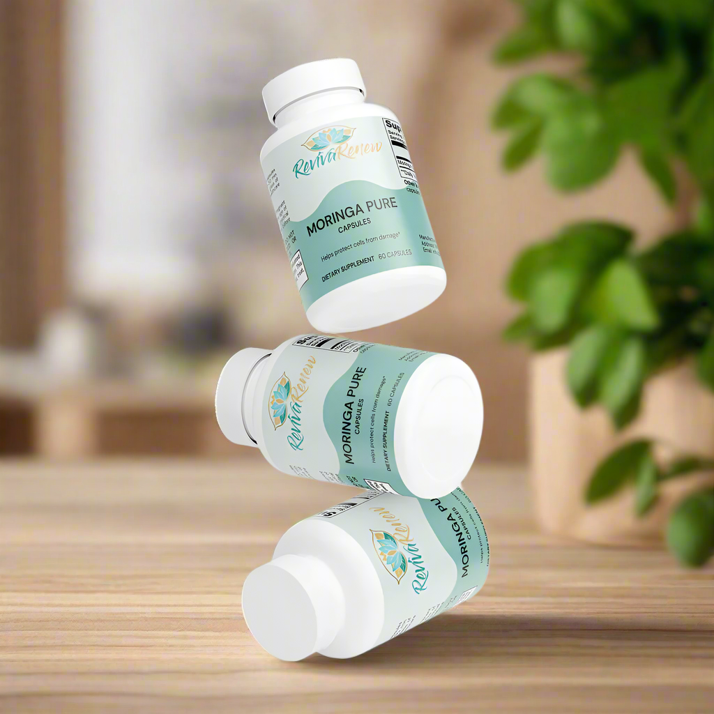 Three bottles of Rave Health Moringa Pure capsules on a white background